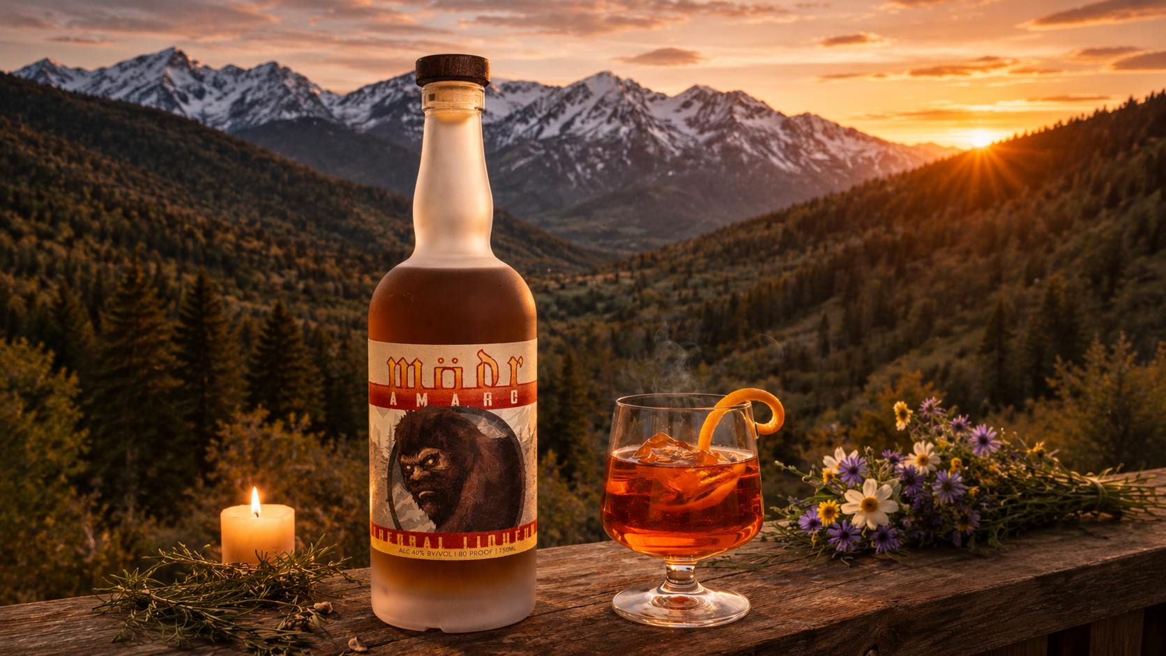 MÖDR Amaro Herbal Liqueur - Professionally photographed. Sitting atop a table with the Wasatch mountains in the background.